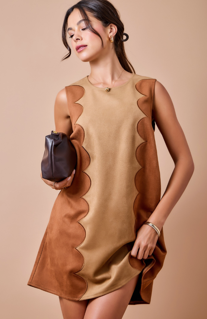 Suede Colorblock Sleeveless Dress With Scallop Detail