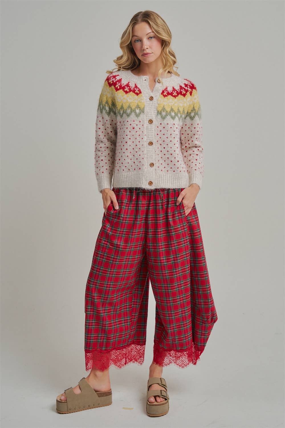 CHRISTMAS PLAID LEG PANTS WITH DELICATE LACE HEM_JLB80092-05