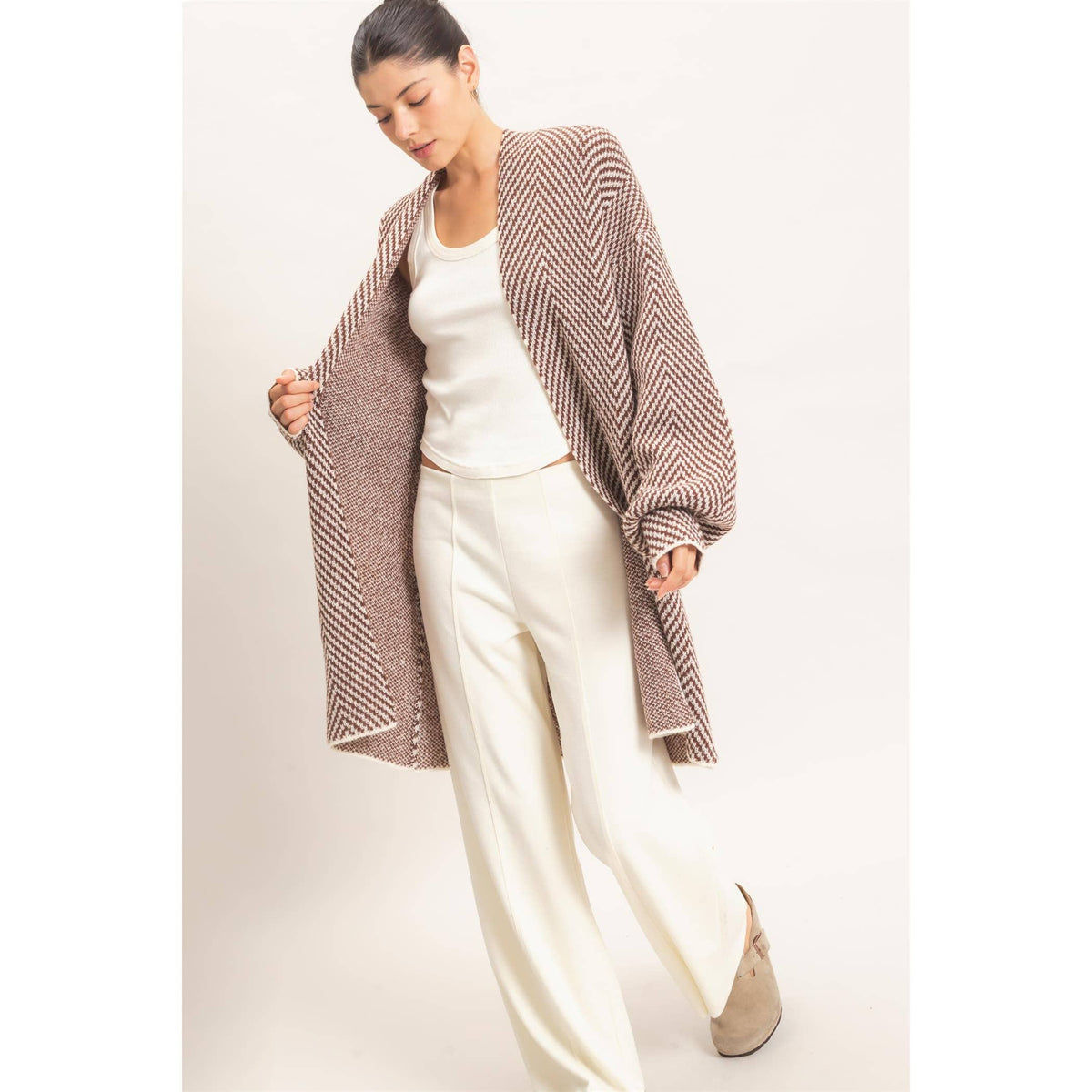 Herringbone Pattern Open-Front Cardigan