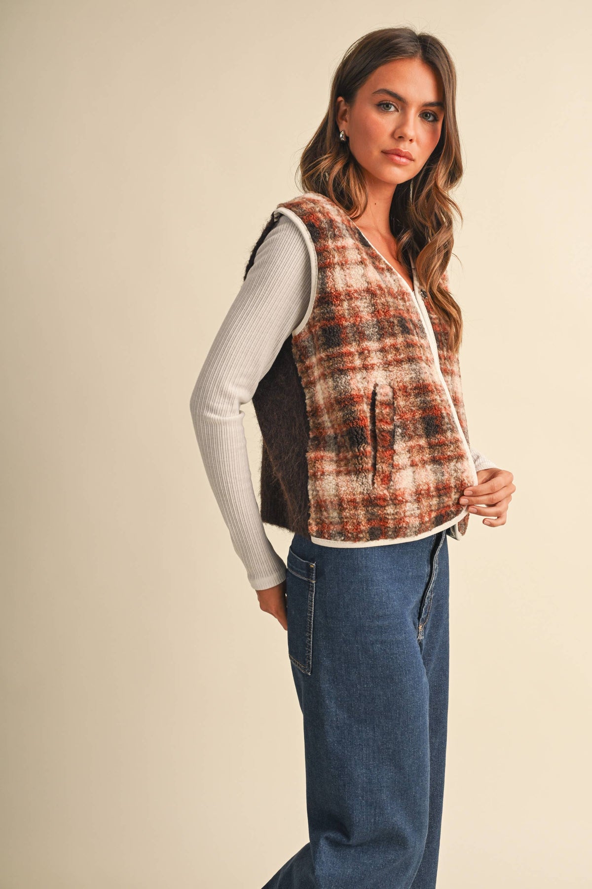 IJ1848 SLEEVELESS PIPING PLAID POCKET VEST