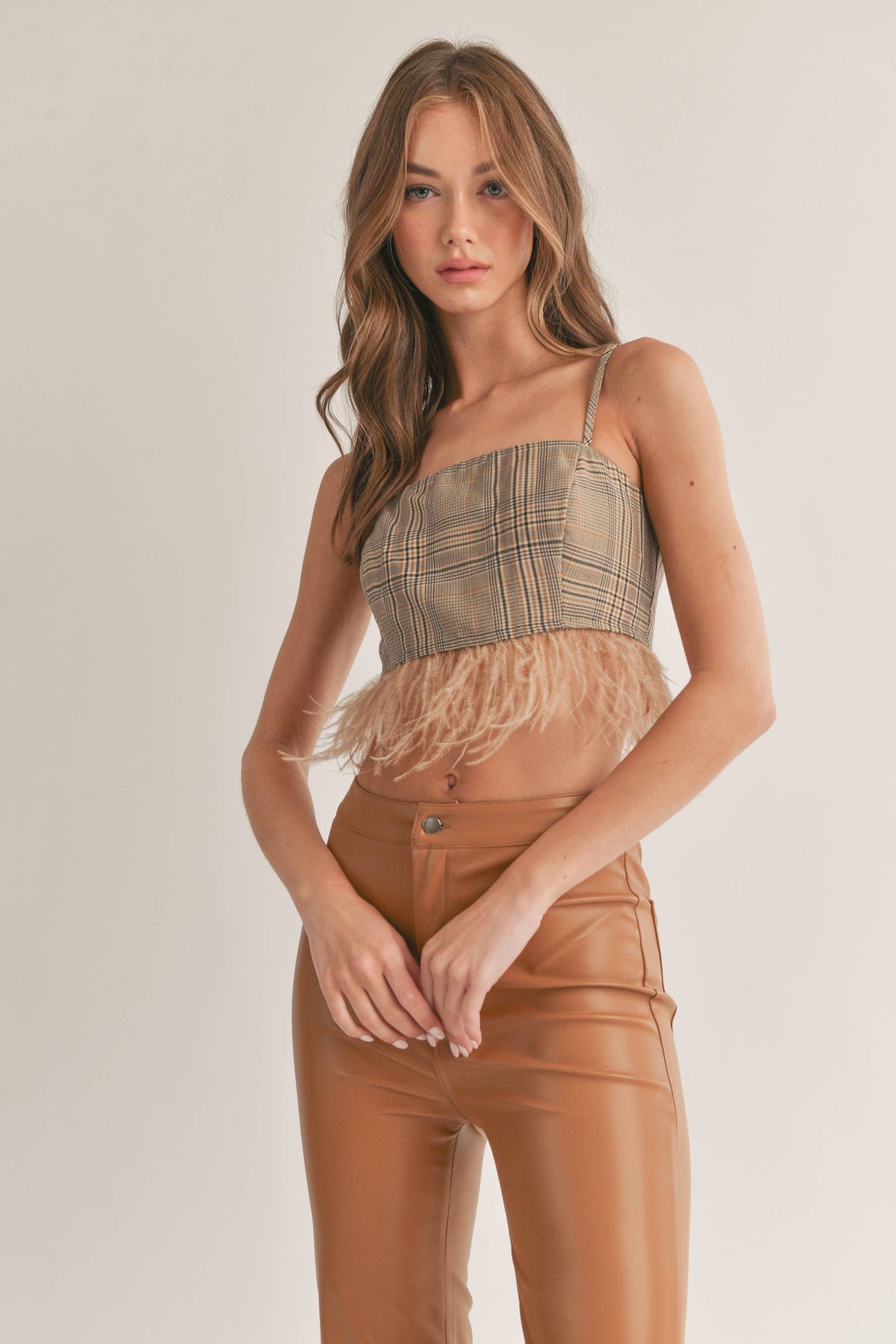FEATHERED HEM CHECKERED CROP TOP