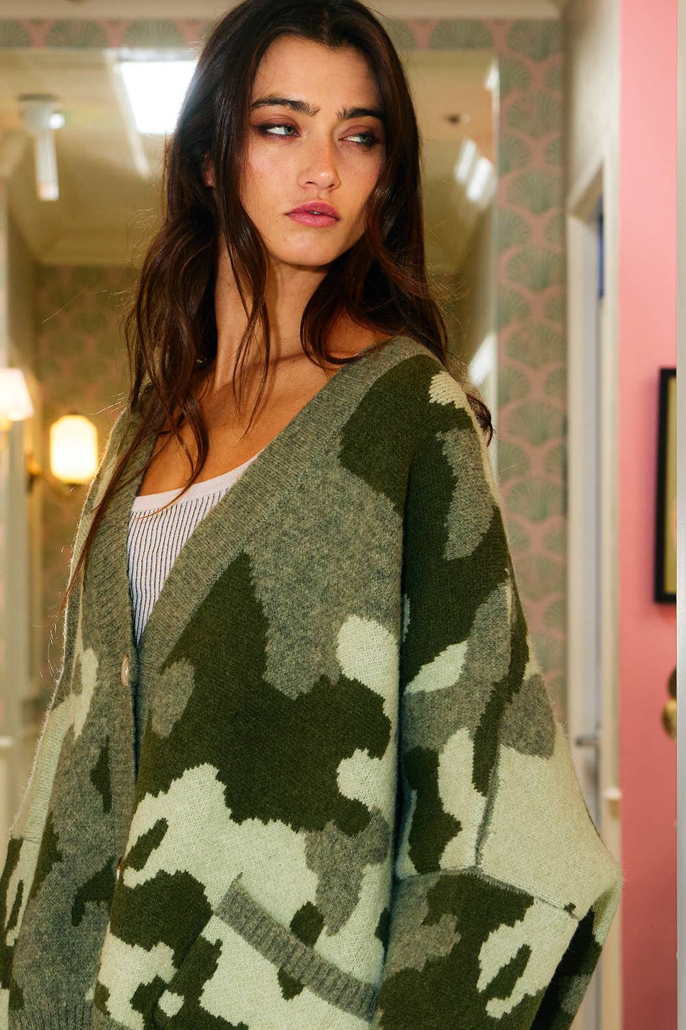 IT1670F Oversized Camouflage Pullover Sweater Cardigan