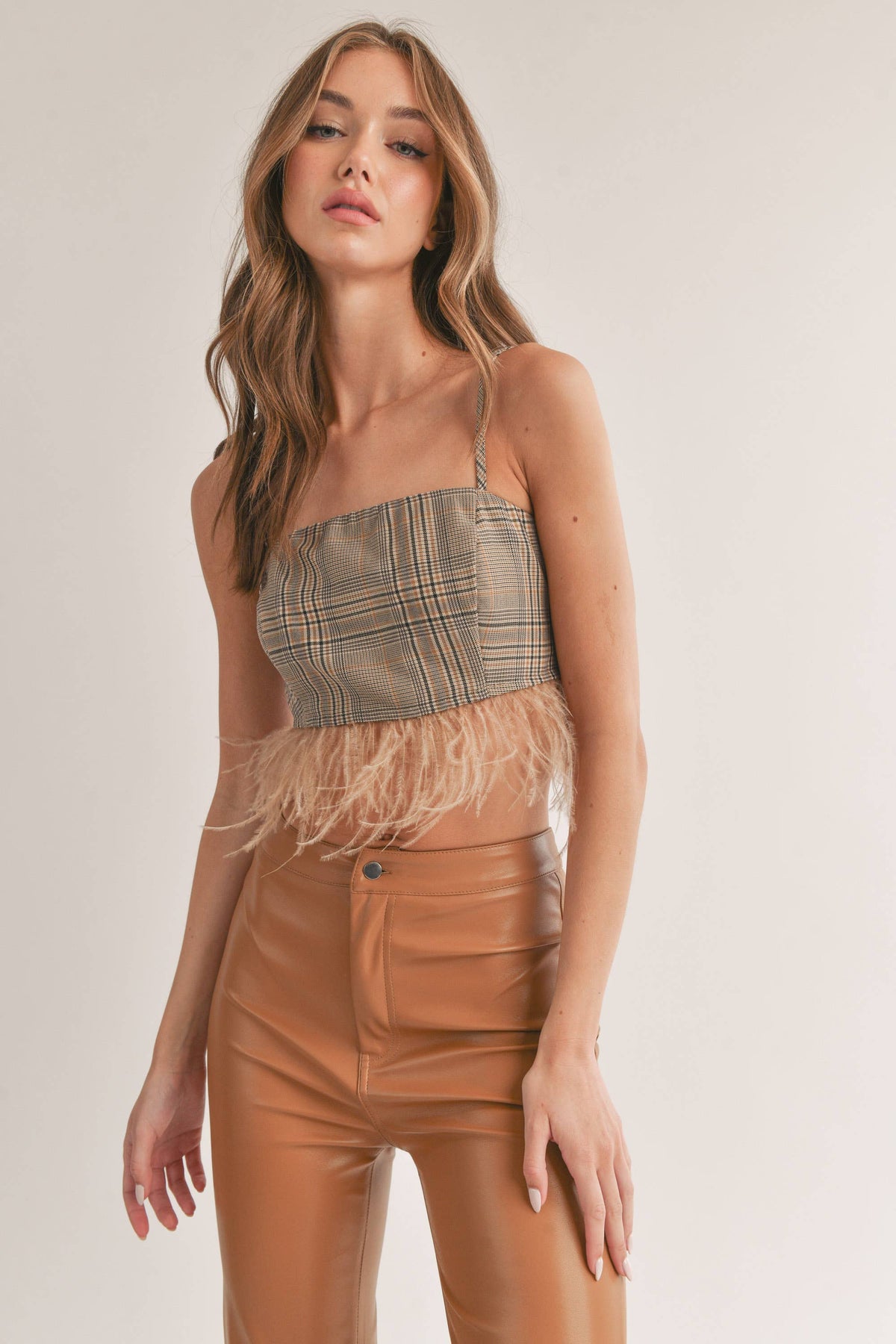 FEATHERED HEM CHECKERED CROP TOP