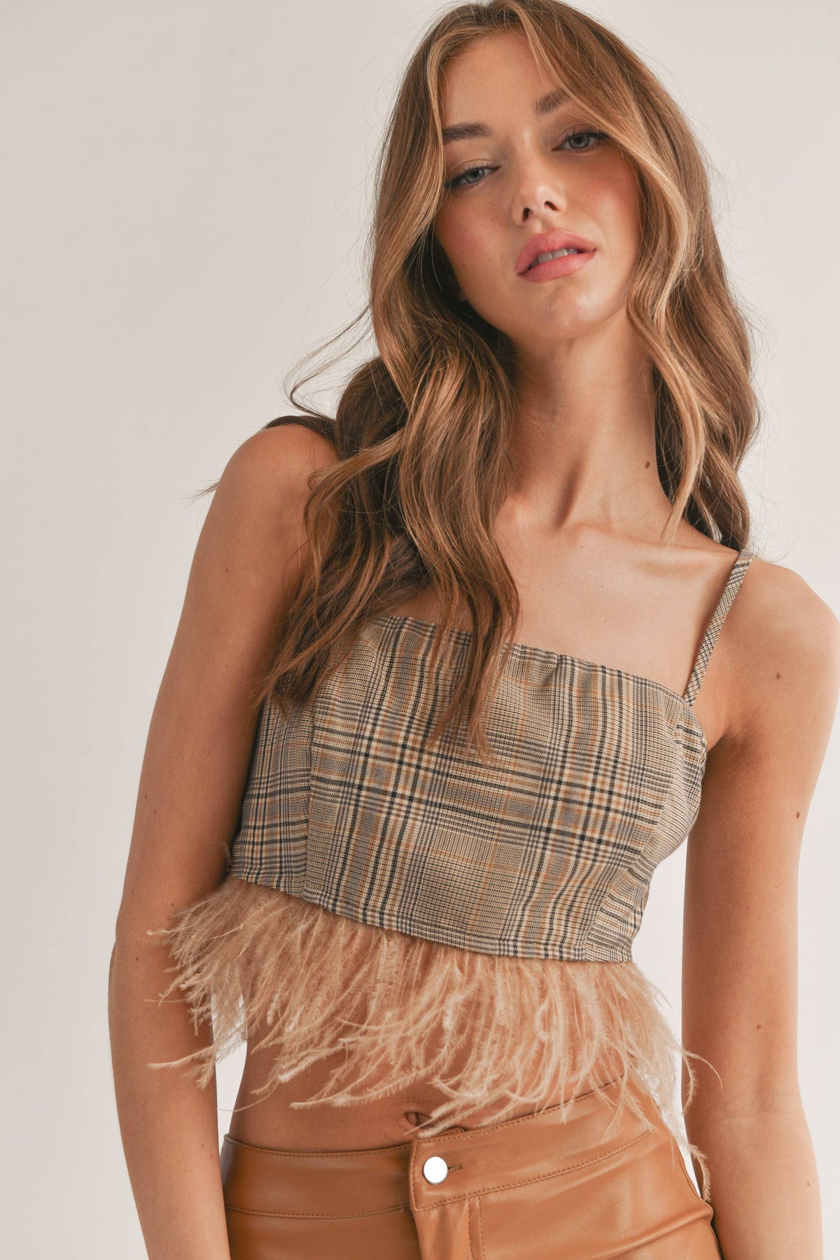 FEATHERED HEM CHECKERED CROP TOP