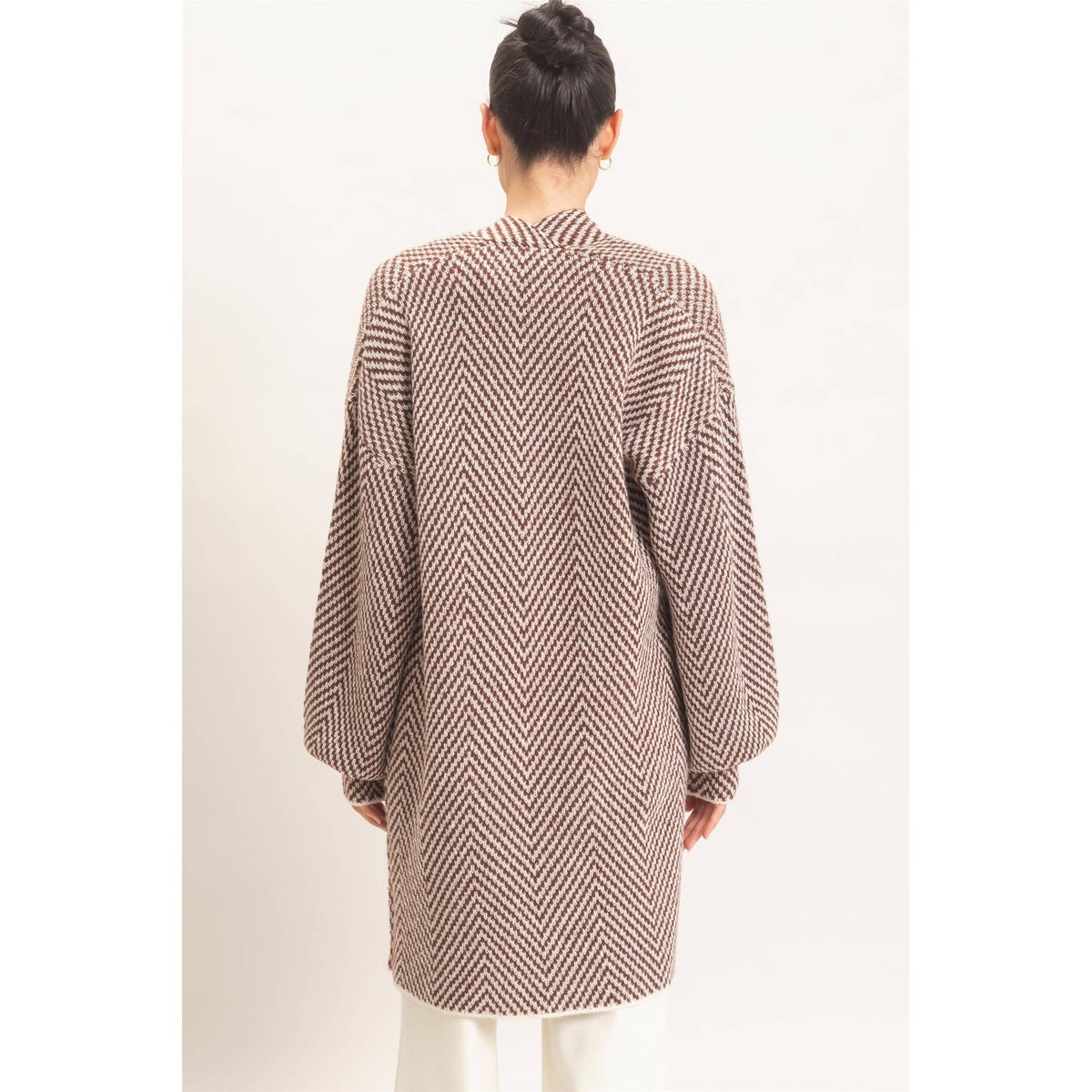 Herringbone Pattern Open-Front Cardigan