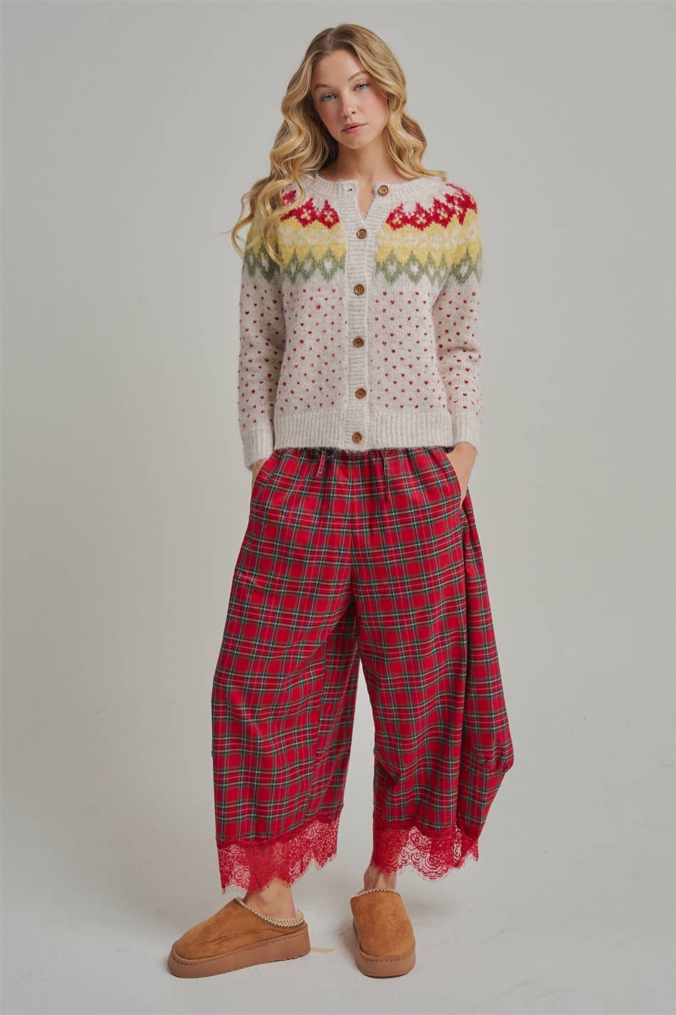 CHRISTMAS PLAID LEG PANTS WITH DELICATE LACE HEM_JLB80092-05