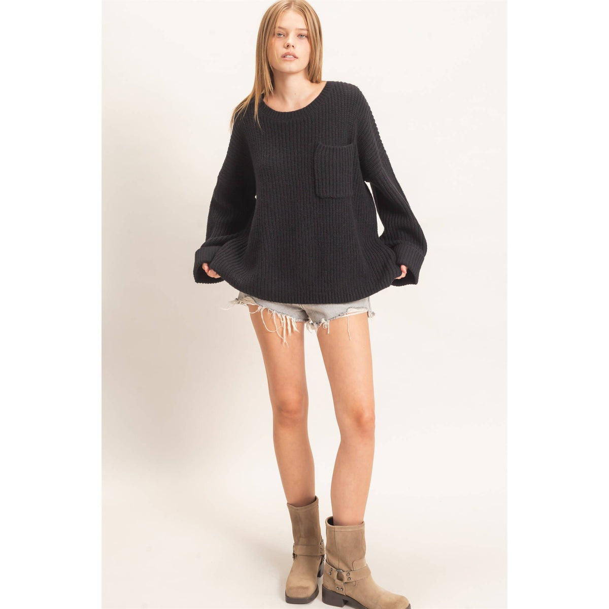 Ribbed Knit Patch Pocket Sweater