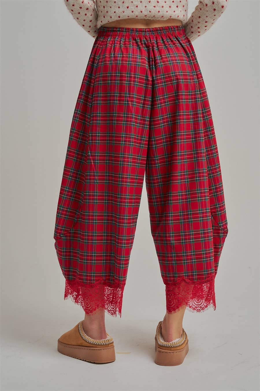 CHRISTMAS PLAID LEG PANTS WITH DELICATE LACE HEM_JLB80092-05