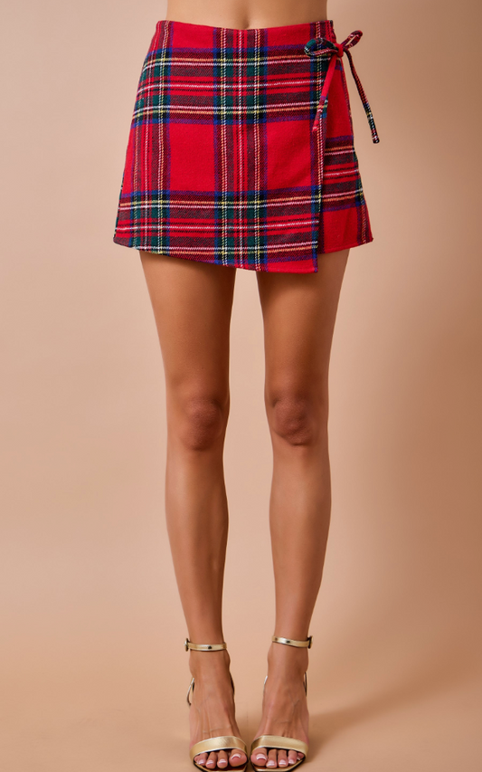 Holiday Christmas Wrap Front Plaid Mini Skirt