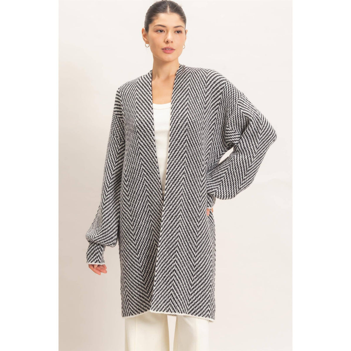 Herringbone Pattern Open-Front Cardigan