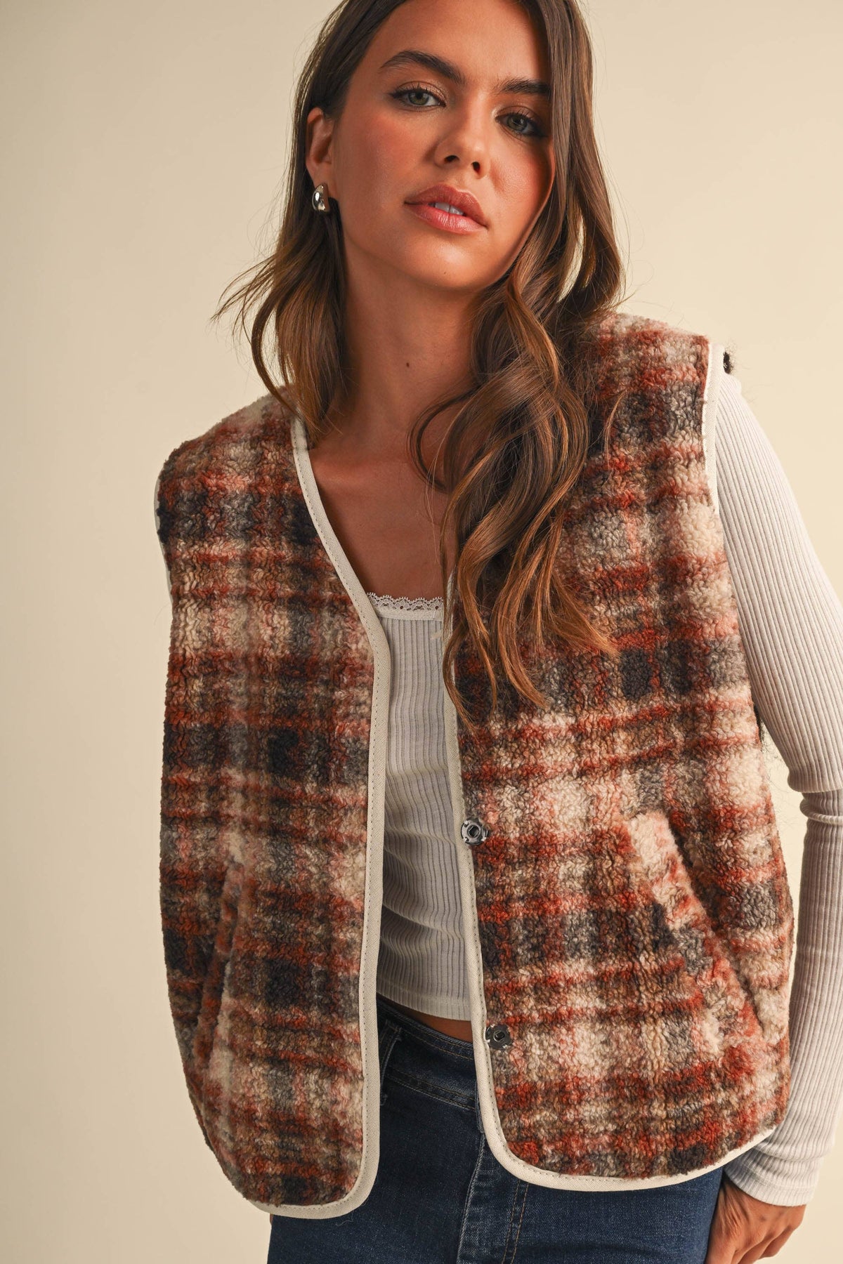 IJ1848 SLEEVELESS PIPING PLAID POCKET VEST