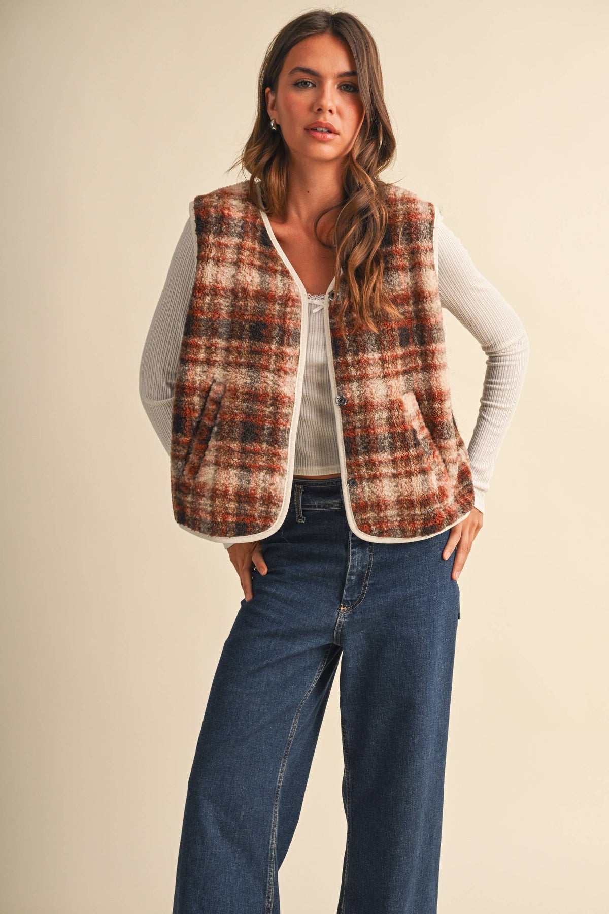 IJ1848 SLEEVELESS PIPING PLAID POCKET VEST