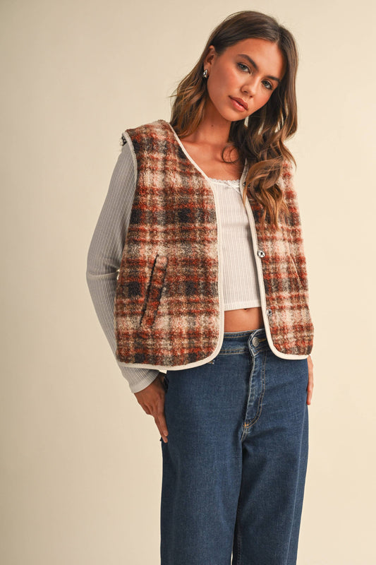 IJ1848 SLEEVELESS PIPING PLAID POCKET VEST