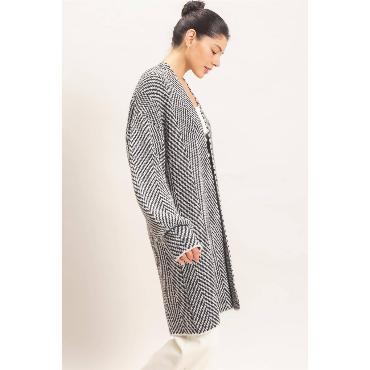 Herringbone Pattern Open-Front Cardigan