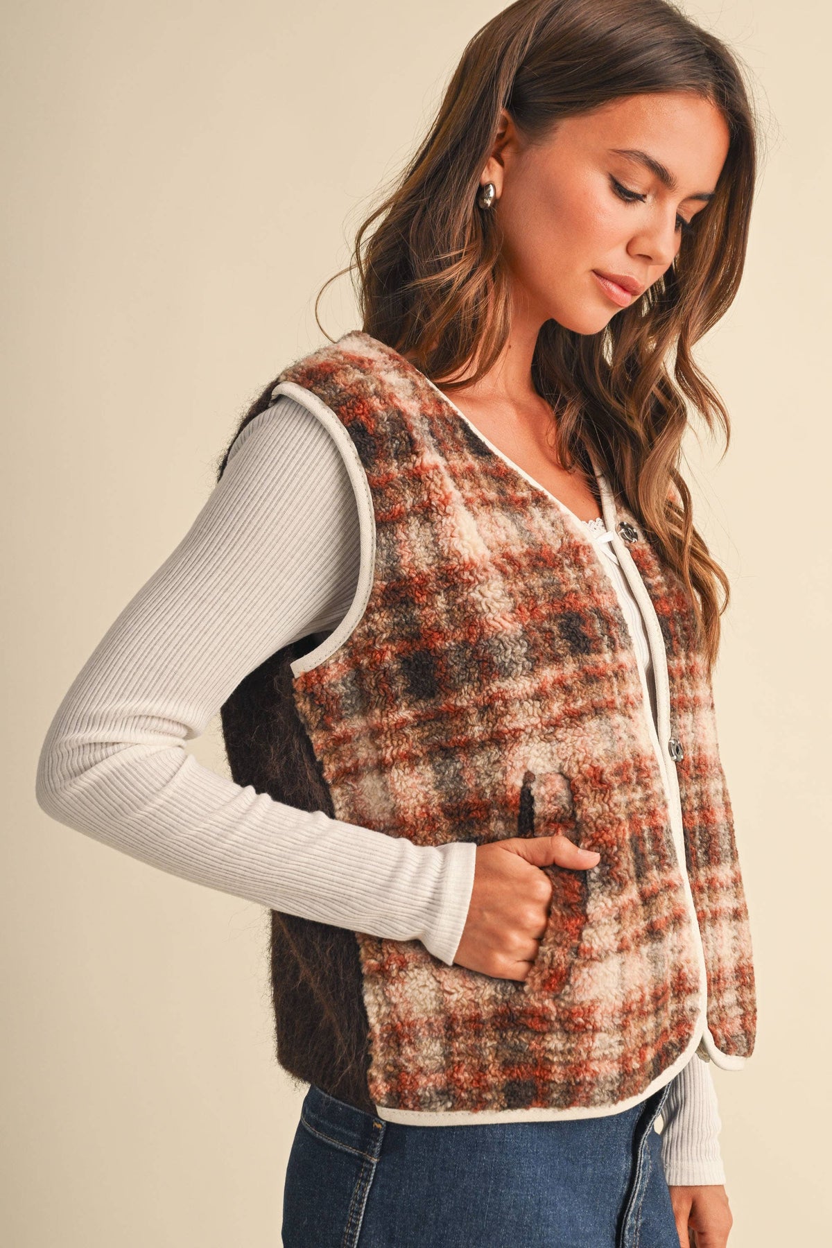 IJ1848 SLEEVELESS PIPING PLAID POCKET VEST