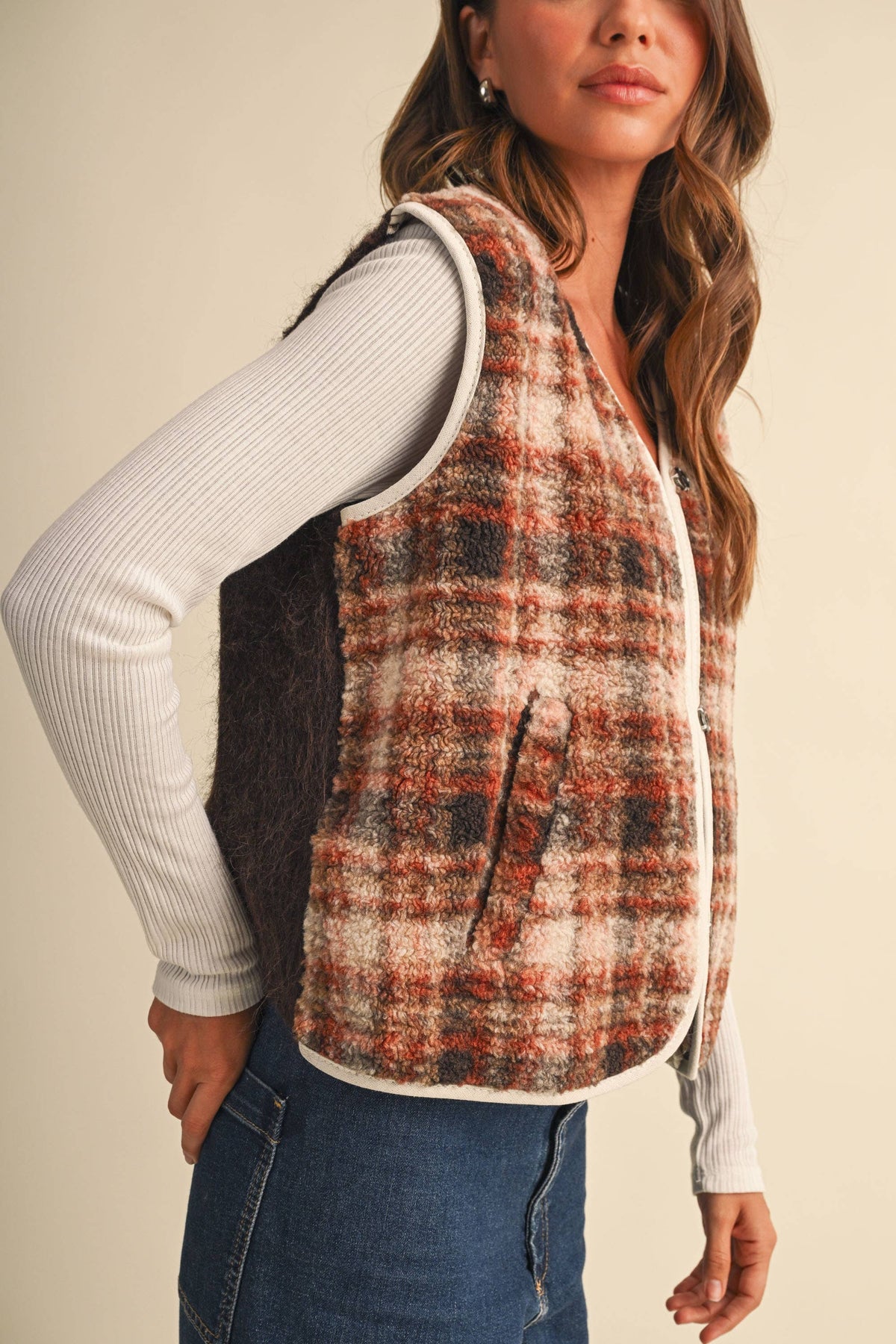 IJ1848 SLEEVELESS PIPING PLAID POCKET VEST